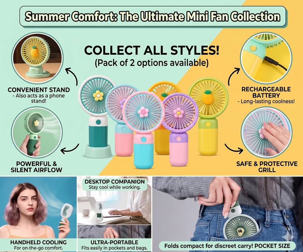 2-in-1 Mini Portable Handheld Fan with Desktop Base & Phone Stand